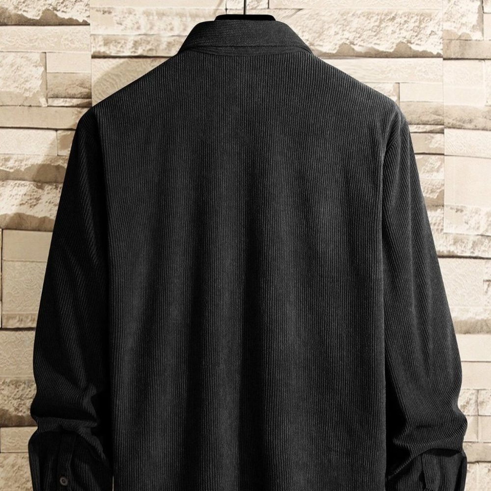 Casual Black Corduroy Men's Solid Shirt - Picture 3 of 9